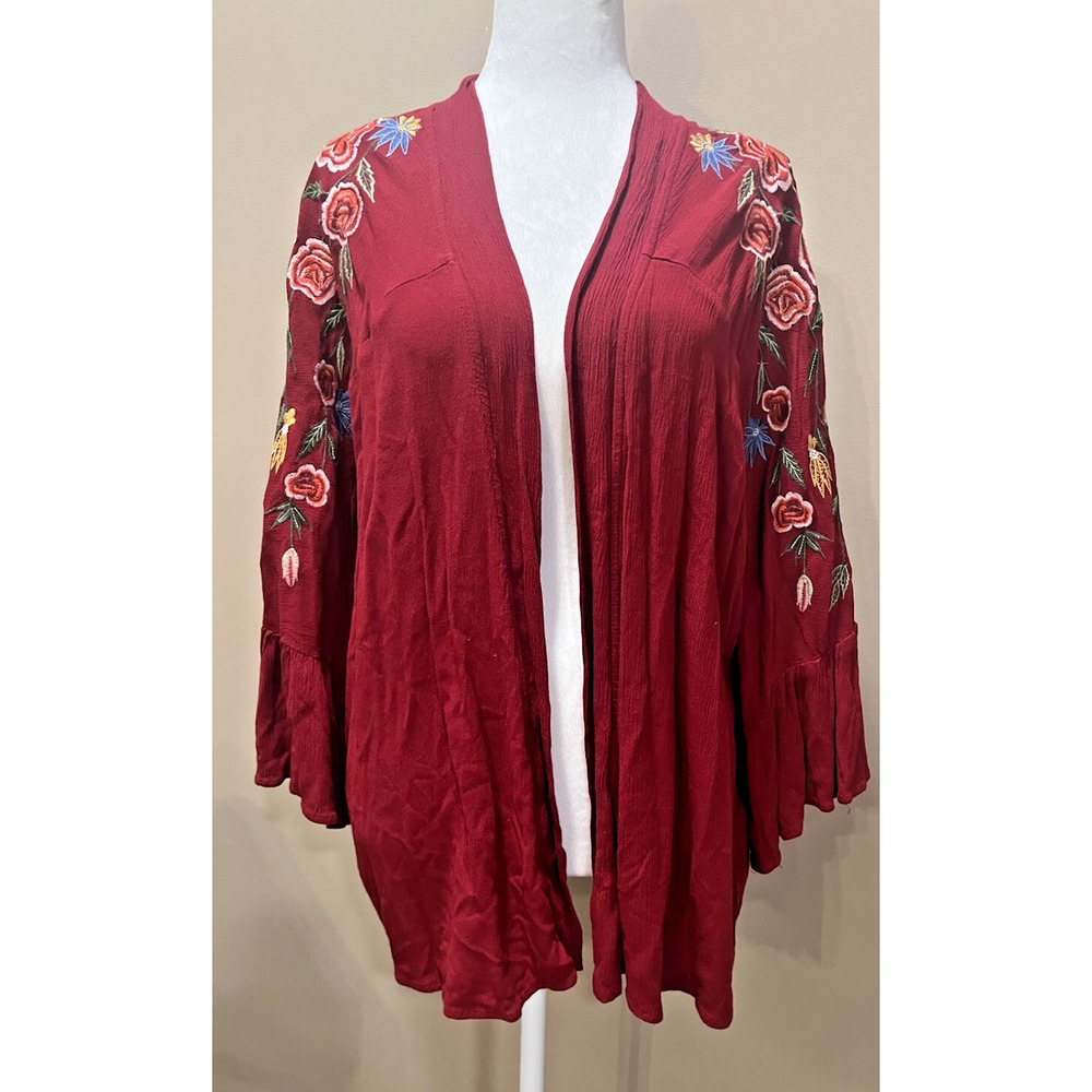 Womens Red Embroidered Floral Open Kimono Cardigan M/L Boho Festival Western